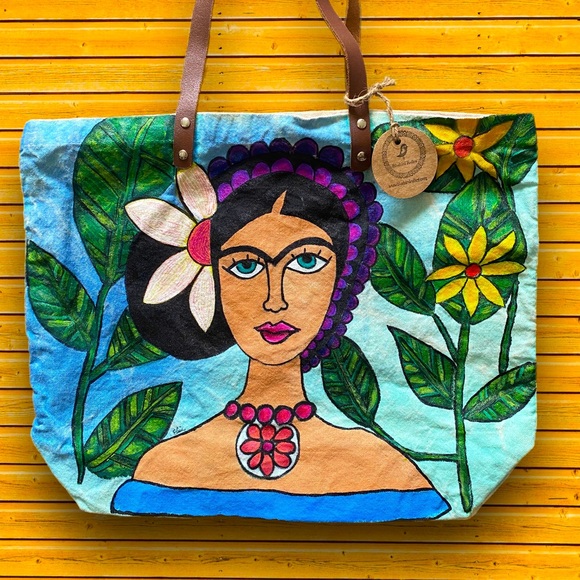 Frida Kahlo Inspired Large Hand Painted Tote - Picture 1 of 8
